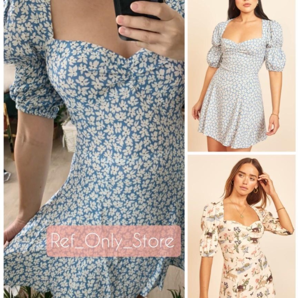 Reformation Light Blue and White Puff-Sleeve Square-Neck Mini Dress - Picture 2 of 9